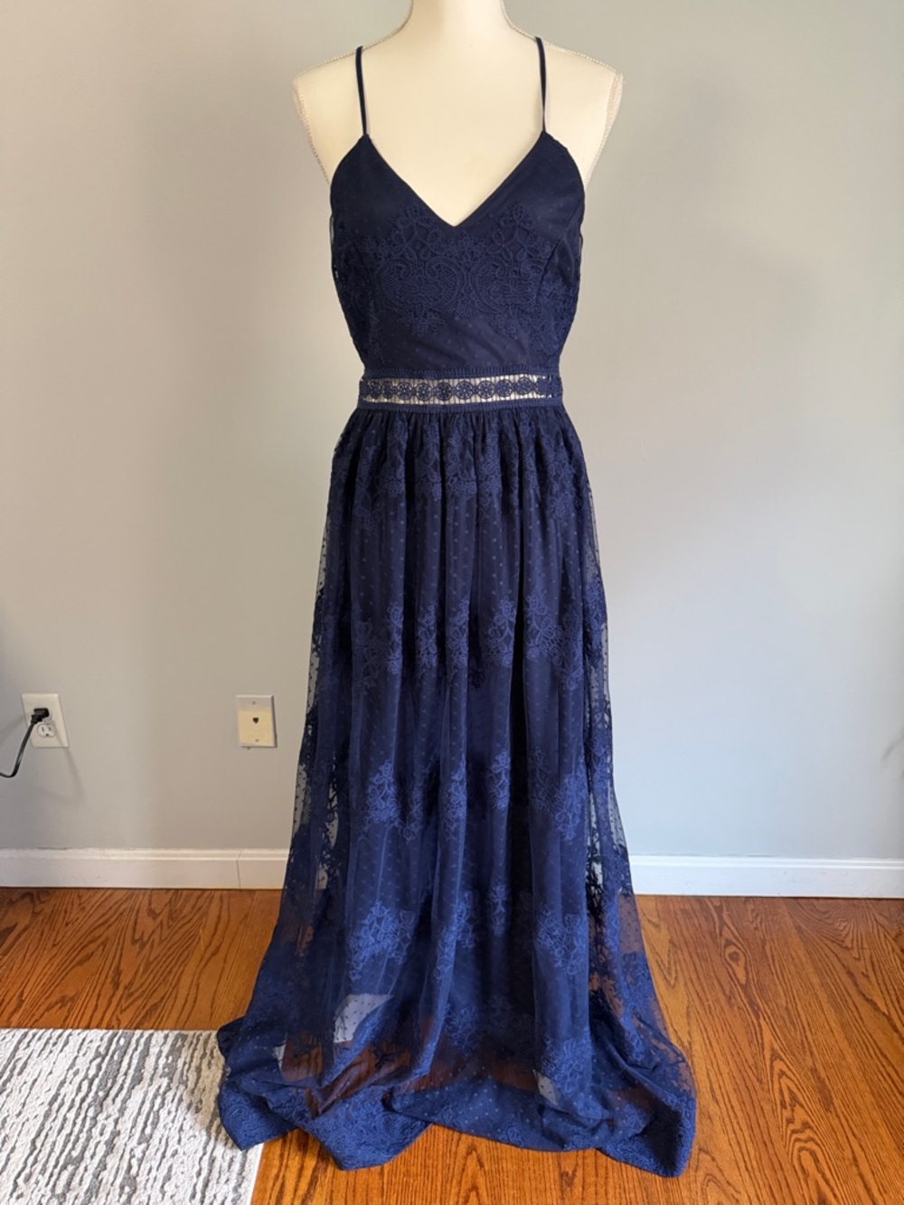 Sleeveless Navy Lace Maxi Dress with Spaghetti Straps- Large